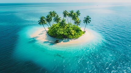 A small island with palm trees in the middle of a turquoise ocean.