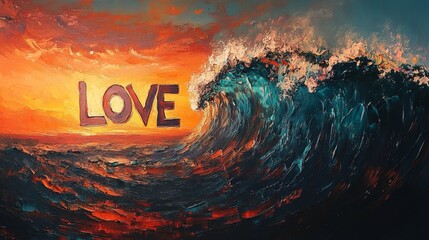 Canvas Print - Surreal Ocean Painting at Sunset with Love Message