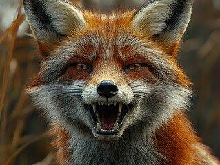 Canvas Print - Close Up Portrait of a Red Fox with Sharp Teeth