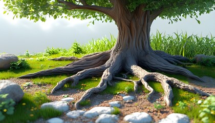 Poster - Isometric 3D render of a large tree with extensive roots, surrounded by small grass and plants against a white background