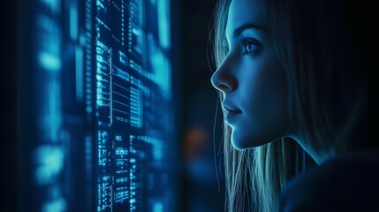 Cyber security analyst, a woman, studies AI threats on her computer in a dark office with blue lighting.