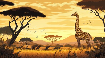 Poster - Giraffe and Elephant Silhouettes in African Savanna at Sunset