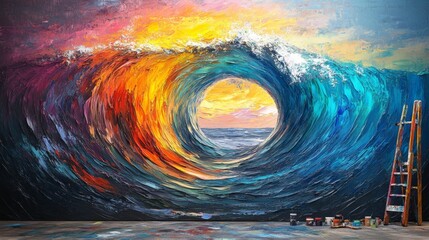 Canvas Print - Vibrant Ocean Wave Painting in Studio