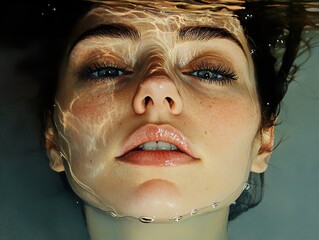 Wall Mural - Close-Up Underwater Portrait of a Woman with Freckles