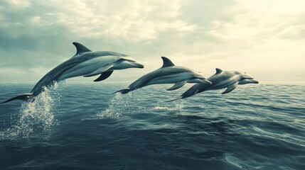 Three Dolphins Leaping Out of the Ocean