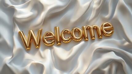 Luxury gold Welcome word on satin fabric background. Greeting text for events, website, wedding and hospitality business