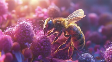 Wall Mural - Honeybee Gathering Pollen on Purple Flower in Sunlight