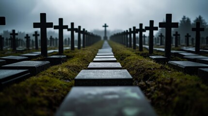 rows of tombstones in a military cemetery, perfectly aligned under a grey, overcast sky, symbolizing