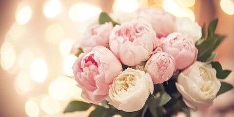 Wall Mural - A bouquet of soft pink and white peonies with lush green leaves, softly lit against a glowing bokeh background.