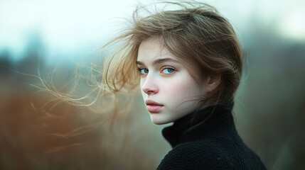 Canvas Print - Young Woman with Windblown Hair Looking Over Shoulder