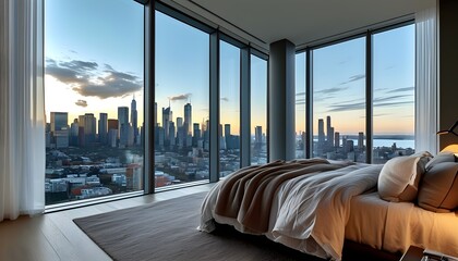 Wall Mural - Contemporary bedroom featuring panoramic city skyline views through expansive floor-to-ceiling windows