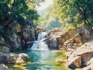 Canvas Print - Serene Waterfall in a Lush Forest - Nature Photography