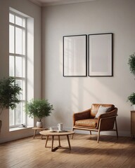 Living room with poster frames on wall 3d illustration, luxury style, 3d render