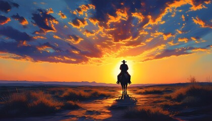 Wall Mural - Lone Cowboy Silhouette Against a Breathtaking Sunset Sky Ideal for Text Overlays