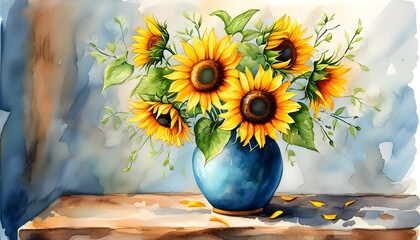 Sticker - Whimsical Rustic Sunflower Bouquet in Watercolor Vase for Floral Home Decor and Greeting Card Inspiration