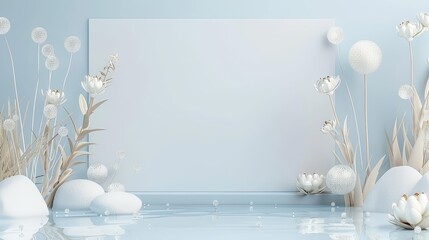 Blank White Canvas Surrounded by White Dried Flowers and White Spheres on a Blue Background