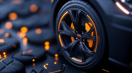 Close-up of a black car wheel with orange accents against a dark background with glowing lights.