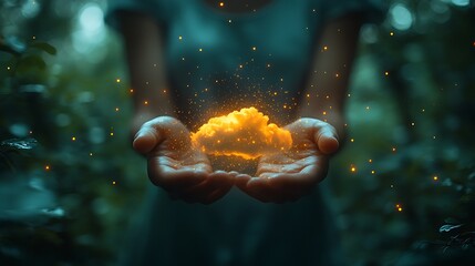 Wall Mural - woman's hands cupped around a glowing cloud of light in a forest setting.