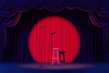 Wall Mural - a stand-up stage with a microphone and spotlights. an empty theater stage with red velvet curtains