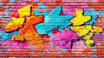 Colorful graffiti art on a brick wall with abstract shapes and splashes of paint. generative ai