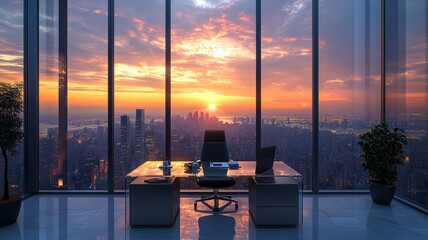 Office view with sunset over a city skyline