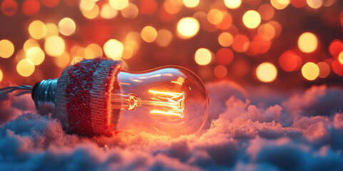 Wall Mural - a glowing light bulb wrapped in a cozy knitted cover, set on artificial snow with bokeh lights in th