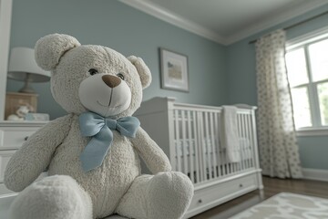 Sticker - Realistic 3D illustration of a teddy bear in a cozy baby room with light streaming through a window symbolizing childhood comfort and warmth in a serene setting