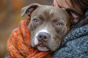 portrait of a person with an American bulldog giving a hug, fall setting