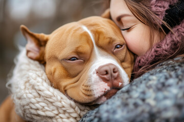 portrait of a person with an American bulldog giving a hug, fall setting