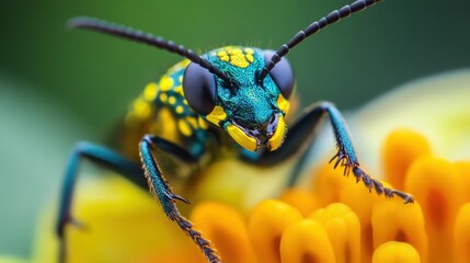 Poster - Close-Up of a Blue and Yellow Jewel Beetle on a Yellow Flower