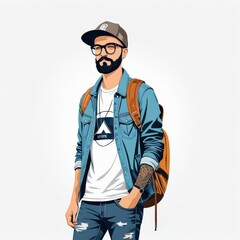 A stylish young man with a backpack, wearing casual attire and glasses, standing confidently.