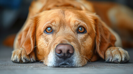 Wall Mural - Dog is laying on the ground with its head down. The dog has brown fur and brown eyes