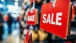 © cvetikmart - Close-up of sale items in a retail display, bright red SALE tags and blurred shoppers, clean and modern composition. Black Friday