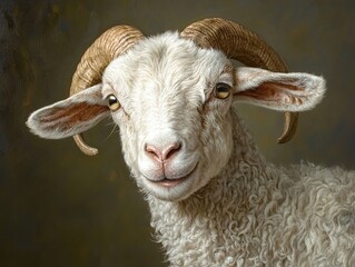 Poster - Close-Up Portrait of a Fluffy White Goat with Horns