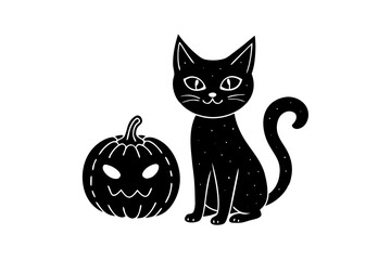 Wall Mural - Hand drawn vintage vector Halloween black cat and pumpkin characters. Perfect for logo or card design.