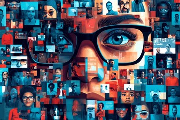 Poster - Collage of multiple digital screens forming a human face representing technology identity and social media in a futuristic and visually dynamic design