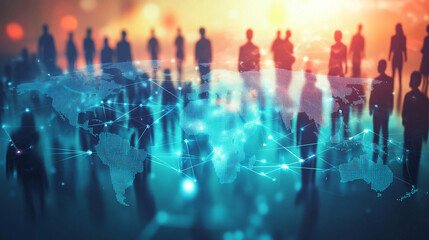 Aufkleber - Global business concept: business people walking with world map hologram connecting continents in silhouette