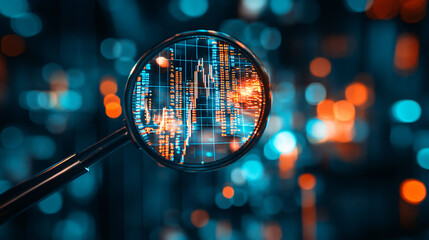 Fototapete - Stock market data revealed through a magnifying glass against a blurry city skyline at night