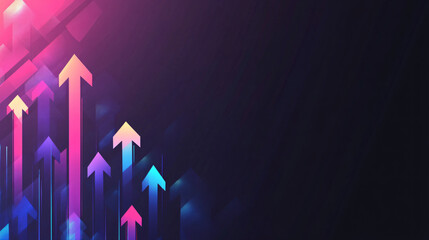 Poster - Colorful glowing arrows pointing up on a dark background with space for text, symbolizing growth, success, and progress in business