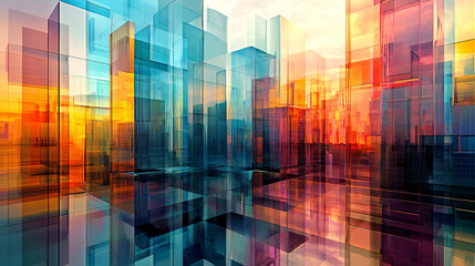 Fototapete - Mesmerizing cityscape with vibrant skyscrapers casting reflections on glossy surface. A captivating blend of light and color. Ideal backdrop for modern projects