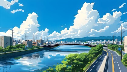 Wall Mural - Vibrant Japanese Urban Landscape Under Sunny Sky with Lumpy Clouds, Featuring Rivers, Bridges, and Riverside Scenery in Anime-Inspired Digital Art