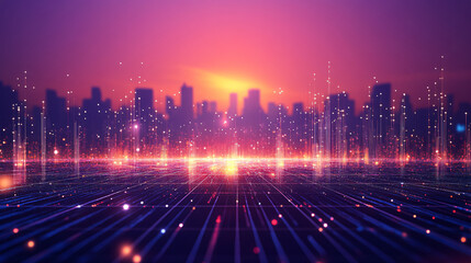 Aufkleber - At sunset, a vibrant and dynamic urban landscape is illuminated by data connections in a futuristic cityscape