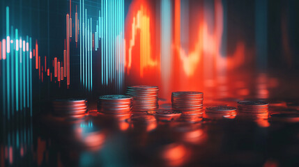Poster - Coins stacked with a bullish stock market chart in the background, indicating a promising financial outlook