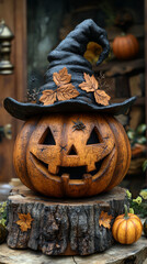 Wall Mural - A carved pumpkin wearing a witch's hat with fall leaves on a wooden stump.