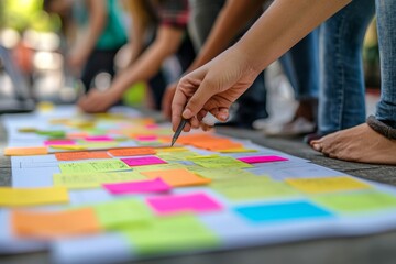 Group of diverse people collaborating with colorful sticky notes symbolizing teamwork creativity and community in a collaborative outdoor environment