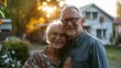 © neirfy - Senior cheerful couple with grey hair, man and woman standing before nice house with green lawn