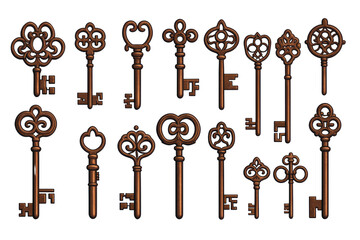 Collection of vintage skeleton keys, intricate designs isolated on transparent background.