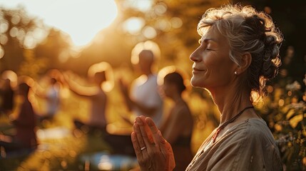 Poster - Mature woman practicing yoga in group outdoors, defocused people on background