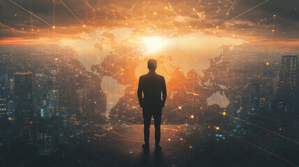 Aufkleber - Businessman gazing at illuminated world map and network connections from rooftop above city at night