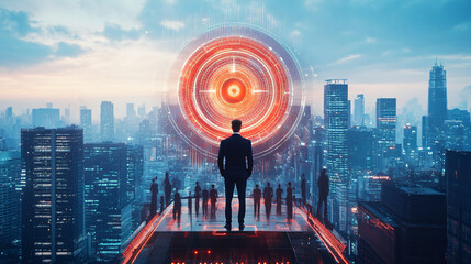 Poster - Team of business professionals stands on a rooftop, gazing at a digital target against the city skyline